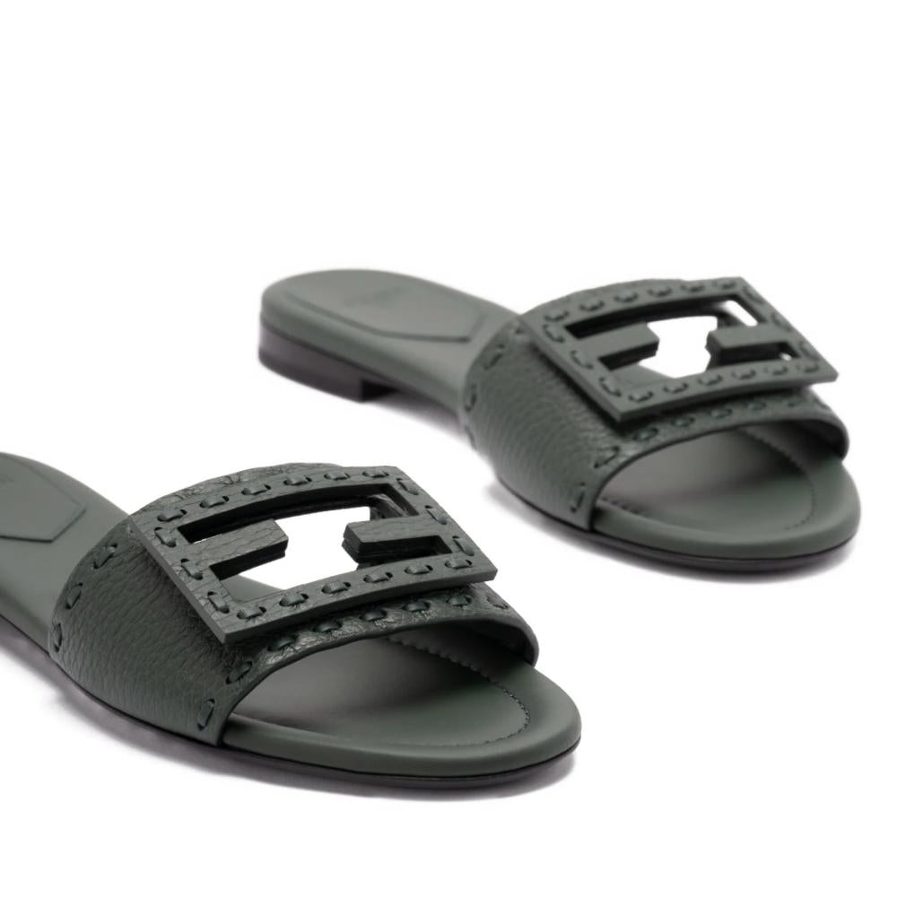 Fendi Flat sole open toe with green leather upper featuring signature FF detail - 5