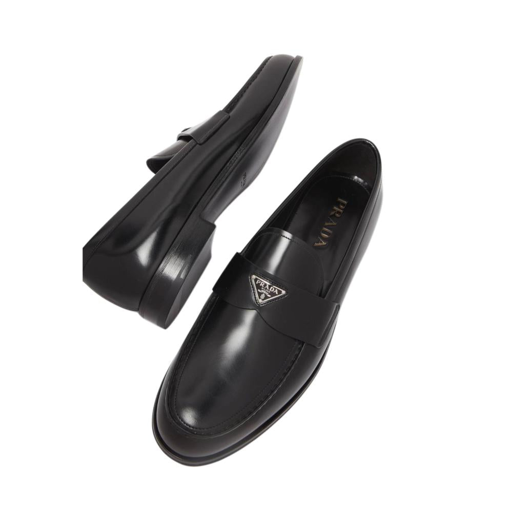Prada Prada brushed leather loafers featuring a silver-tone enameled metal triangle logo - 3