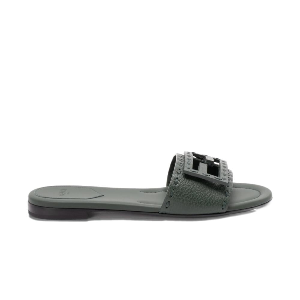 Fendi Flat sole open toe with green leather upper featuring signature FF detail