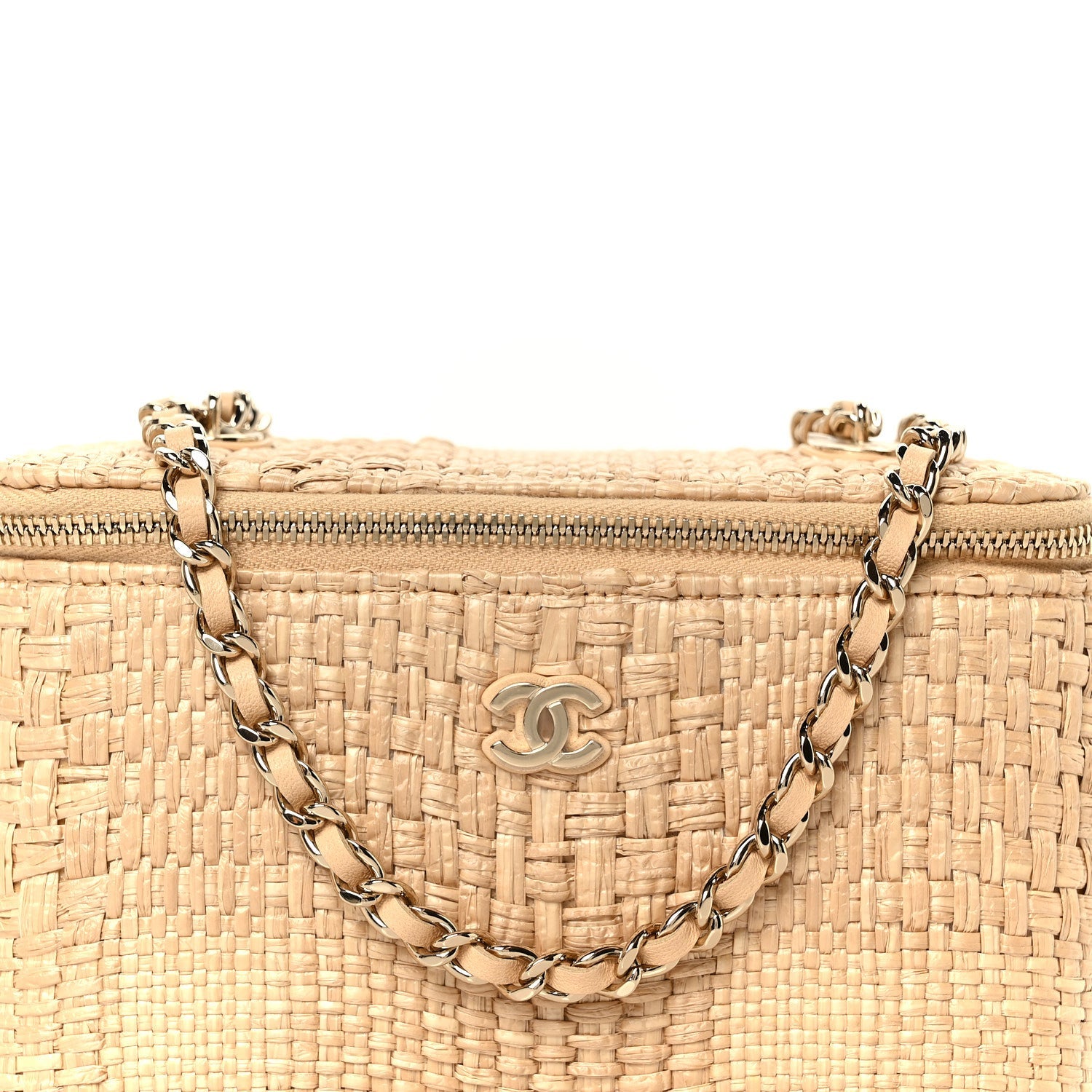 Chanel Braided Raffia Top Handle Slim Vanity Case With Chain Beige