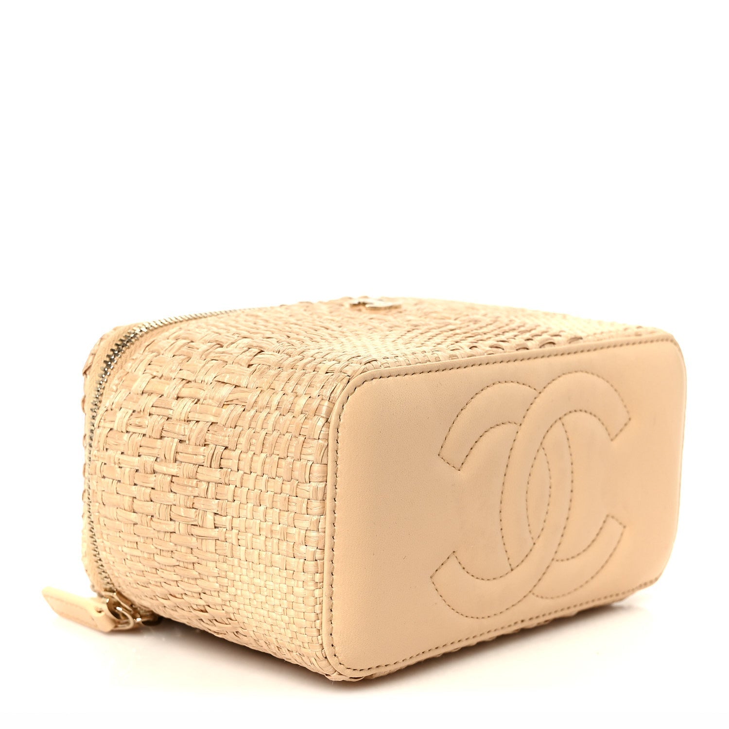 Chanel Braided Raffia Top Handle Slim Vanity Case With Chain Beige