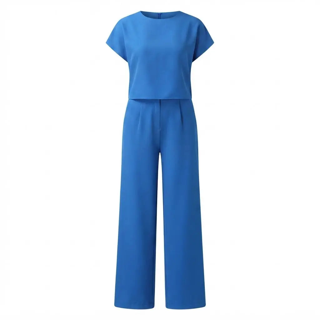Women's Set – Short-Sleeve Crop Top and Straight-Leg Pants – Blue