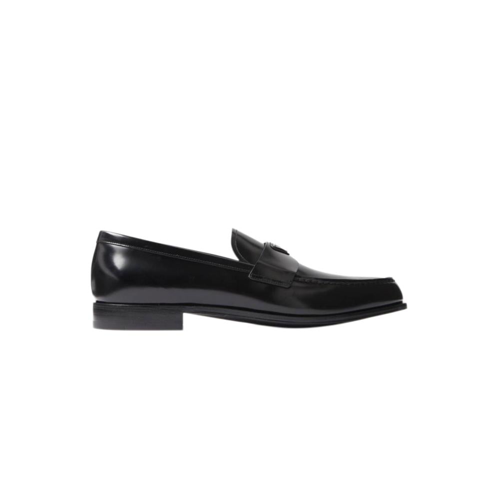 Prada Prada brushed leather loafers featuring a silver-tone enameled metal triangle logo