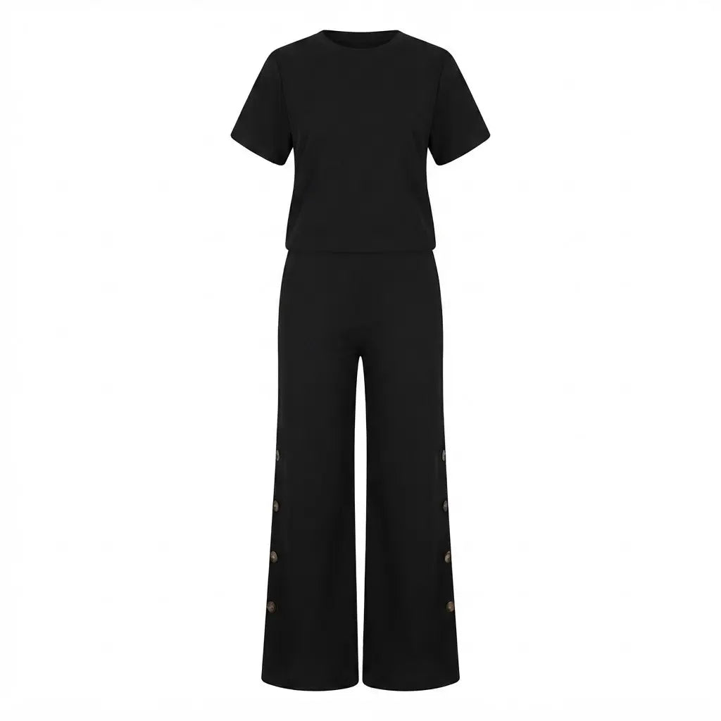 Women's Set – Short-Sleeve Crop Top and Straight-Leg Pants – Black