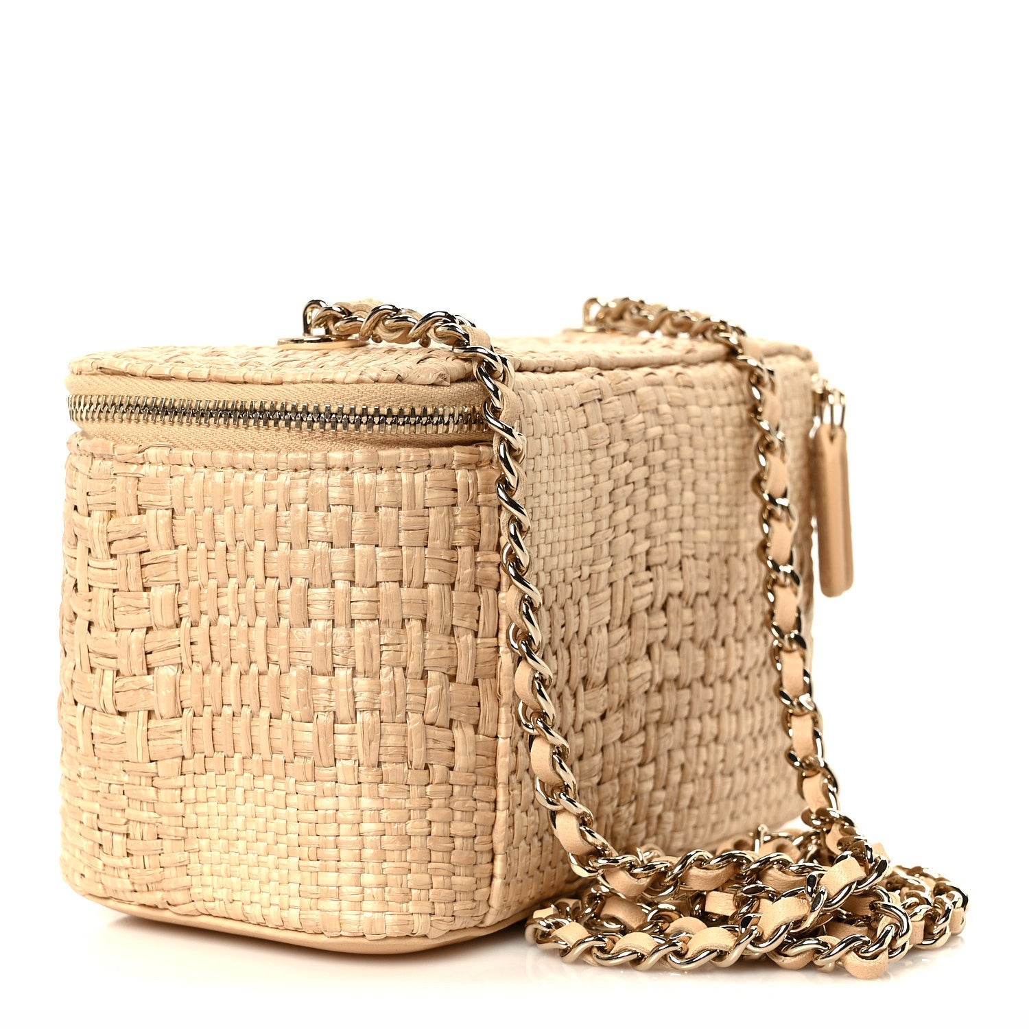 Chanel Braided Raffia Top Handle Slim Vanity Case With Chain Beige