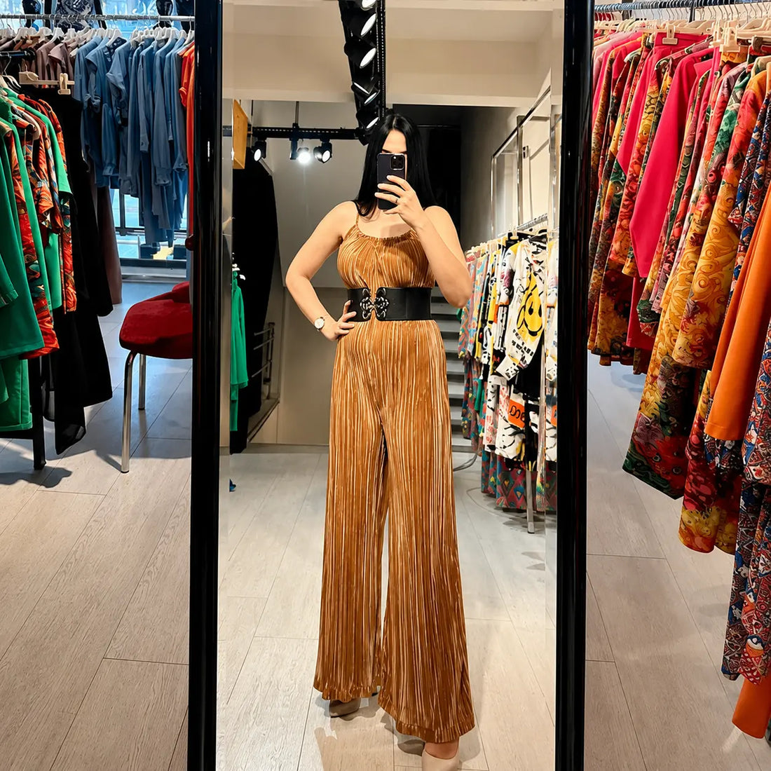 Brown Plissé Jumpsuit