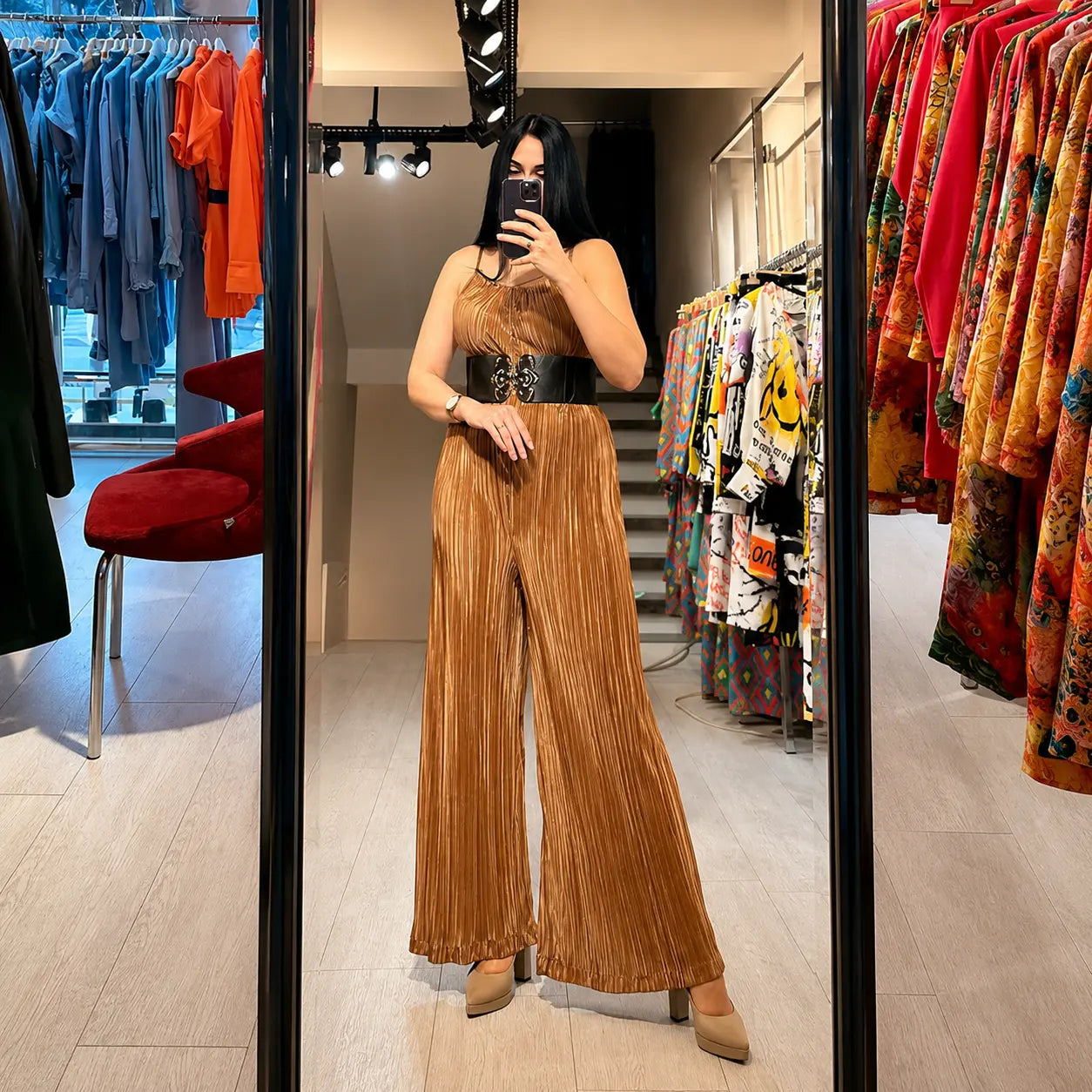 Brown Plissé Jumpsuit
