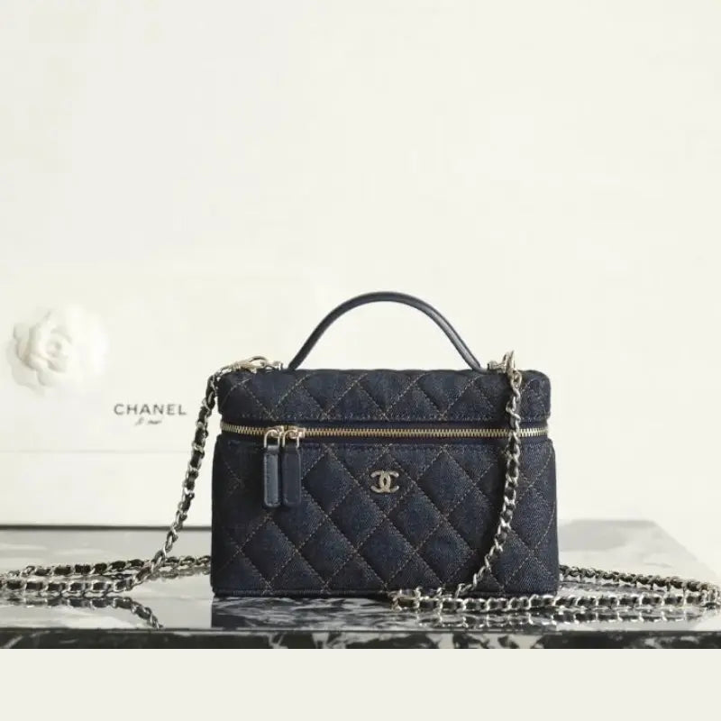 Chanel 26P Dark Blue Denim Quilted Slim Top Handle Vanity Case