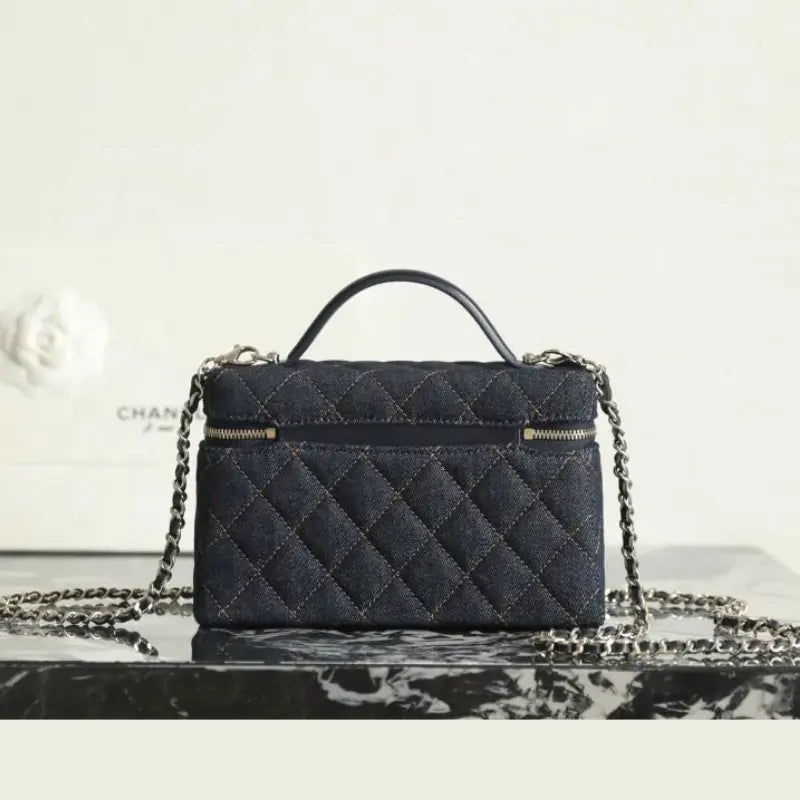 Chanel 26P Dark Blue Denim Quilted Slim Top Handle Vanity Case