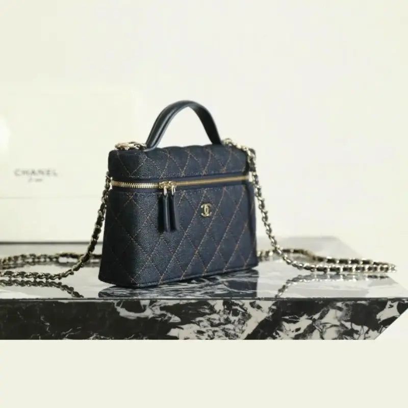 Chanel 26P Dark Blue Denim Quilted Slim Top Handle Vanity Case