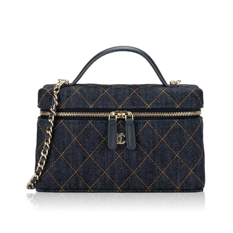 Chanel 26P Dark Blue Denim Quilted Slim Top Handle Vanity Case