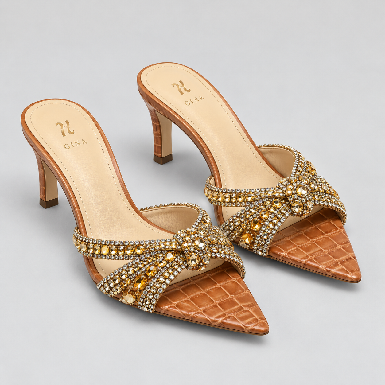 Xbrandat Crystal-Embellished Bow Pointed-Toe Heeled Mules