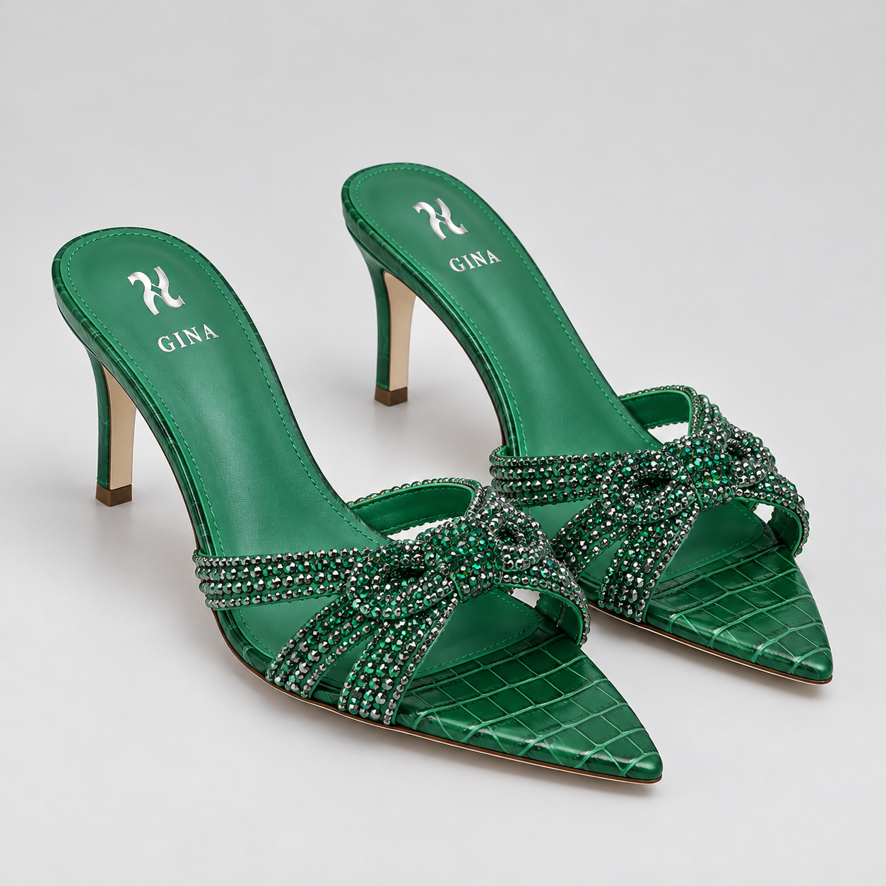 Xbrandat Crystal-Embellished Bow Pointed-Toe Heeled Mules