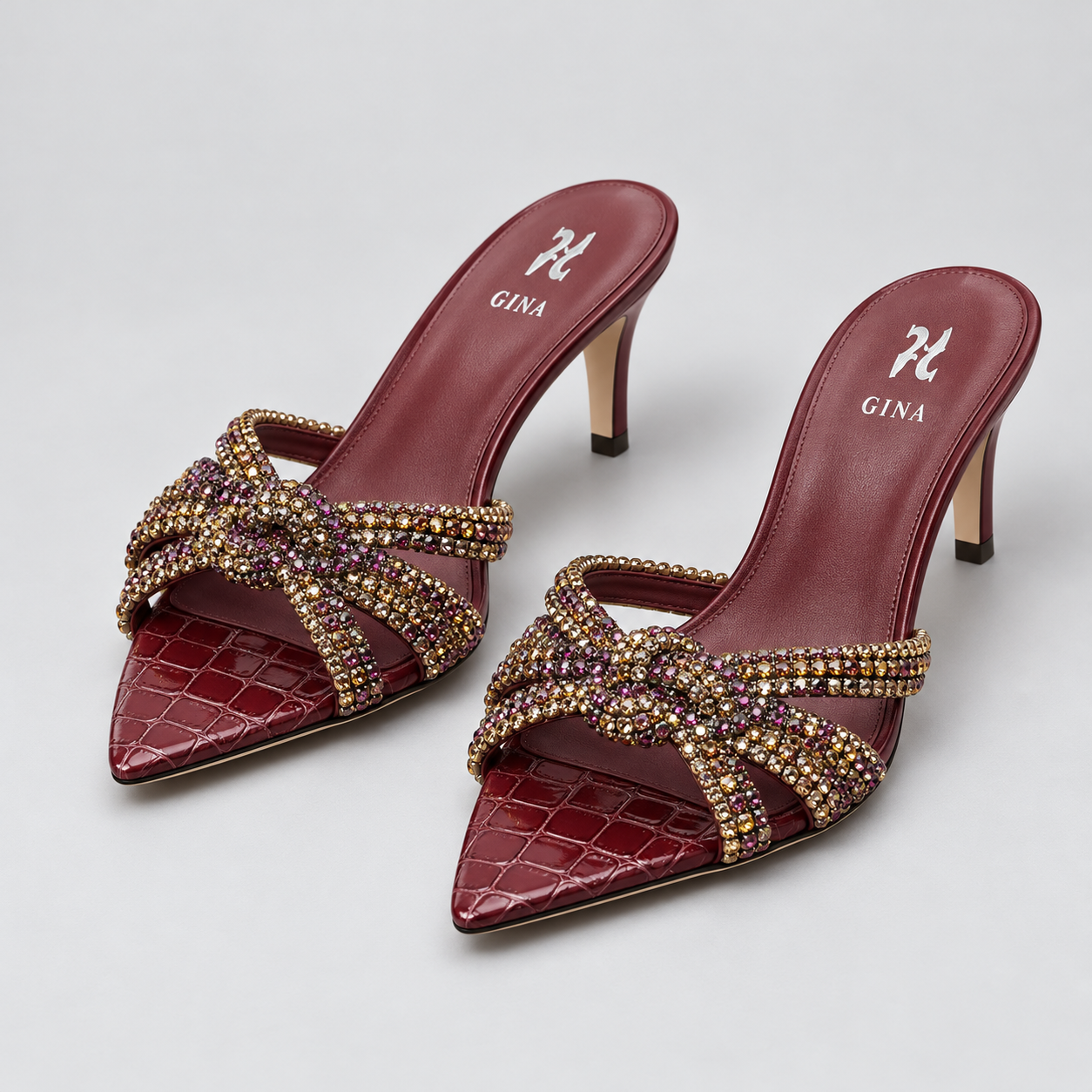 Xbrandat Crystal-Embellished Bow Pointed-Toe Heeled Mules