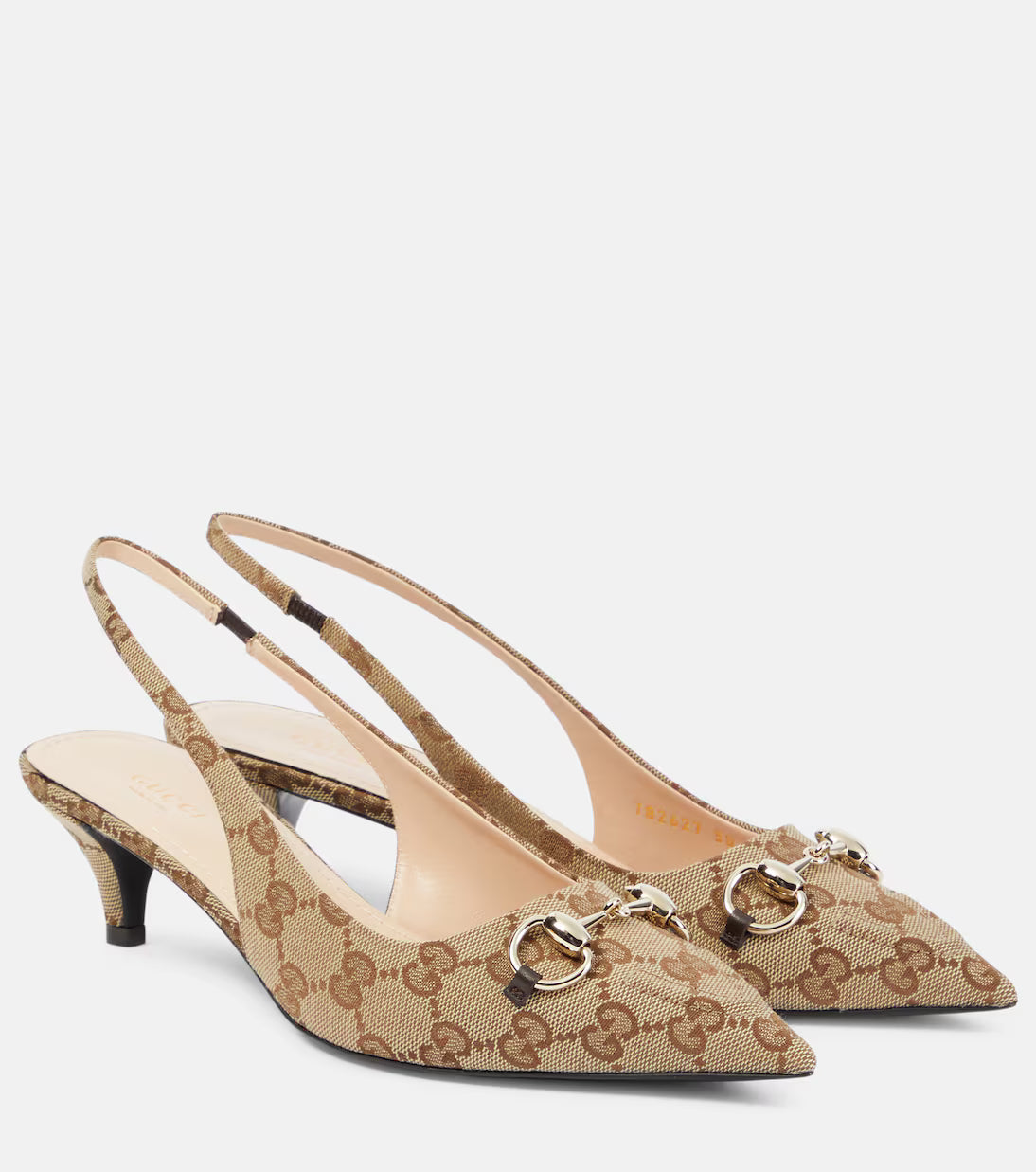 حذاء إكس براندات Slingback بحلية Horsebit وقماش Original GG – بيج / أبنوسي