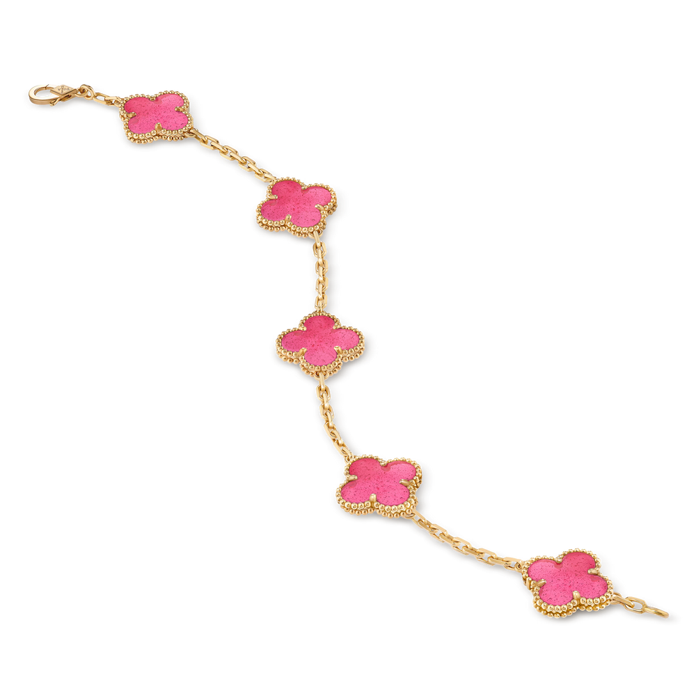 Xbrandat Vintage Alhambra 5-Motif Bracelet in Pink Enamel & Yellow (Accessories)
