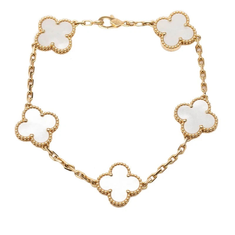 Xbrandat Vintage Alhambra 5-Motif Bracelet in White Mother-of-Pearl & 18K Yellow Gold