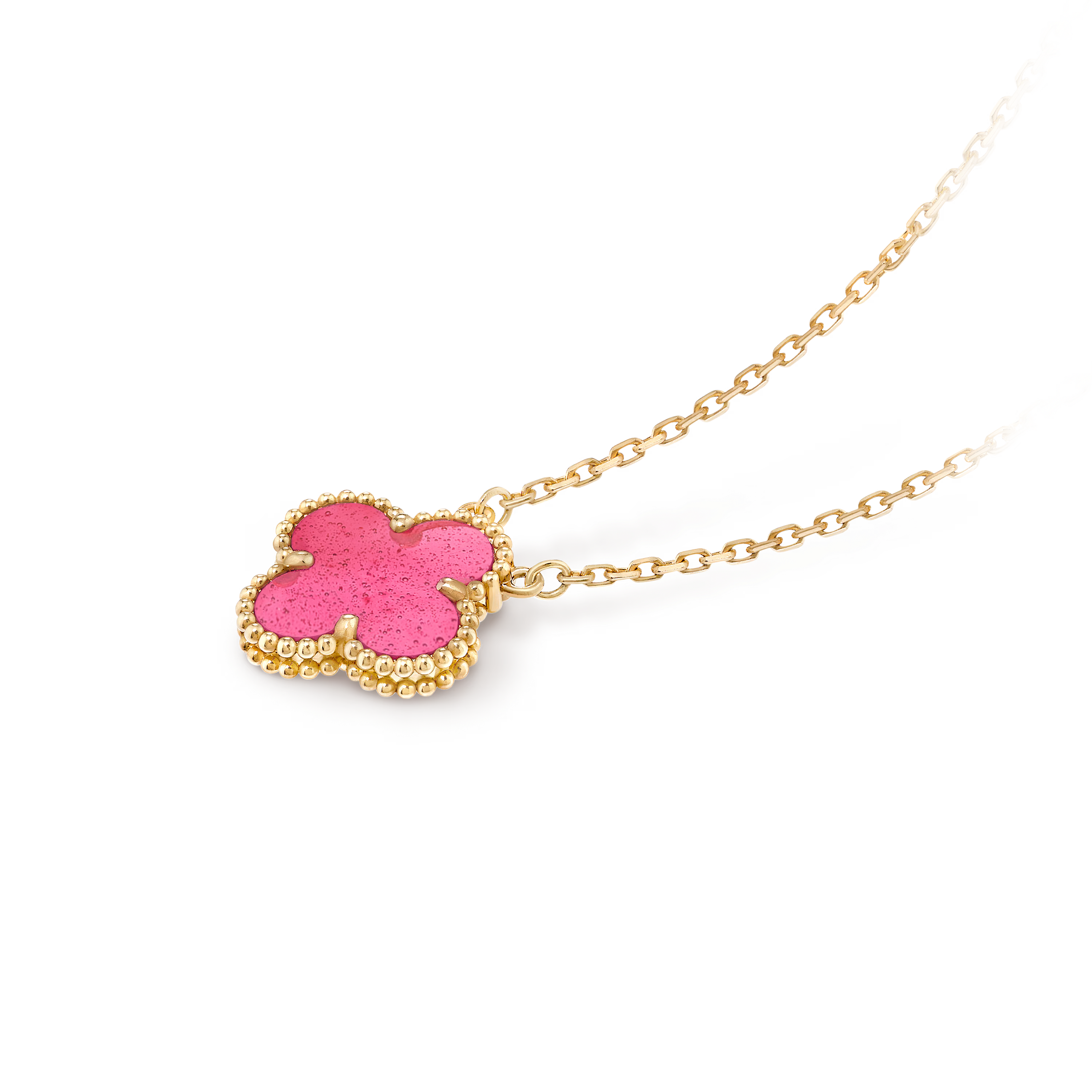 Xbrandat Vintage Alhambra Pendant Necklace – Pink Enamel & 18K Yellow Gold