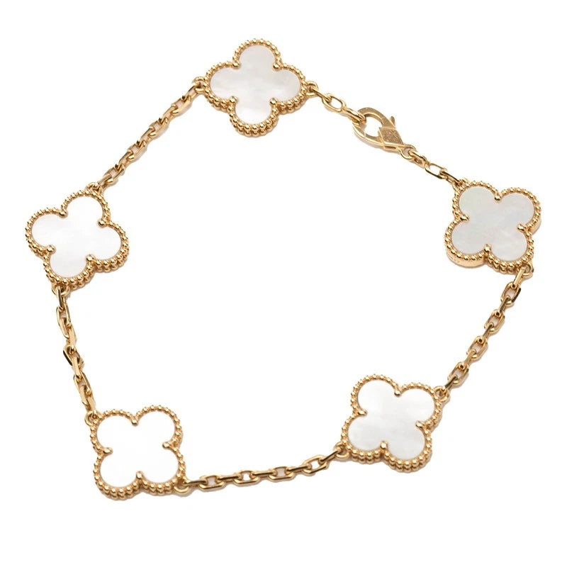 Xbrandat Vintage Alhambra 5-Motif Bracelet in White Mother-of-Pearl & 18K Yellow Gold