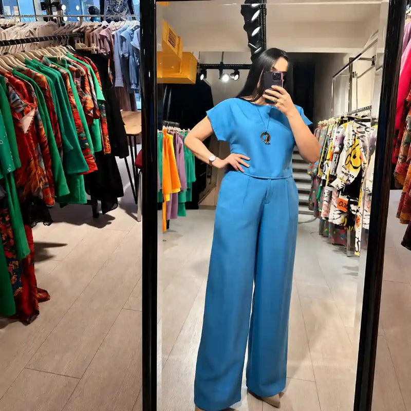 Women's Set – Short-Sleeve Crop Top and Straight-Leg Pants – Blue