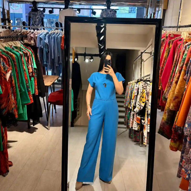 Women's Set – Short-Sleeve Crop Top and Straight-Leg Pants – Blue