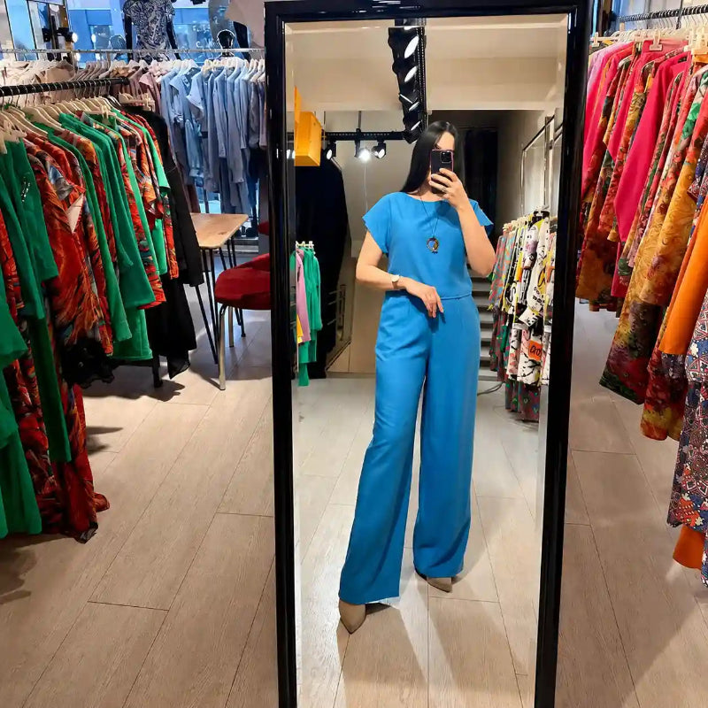 Women's Set – Short-Sleeve Crop Top and Straight-Leg Pants – Blue