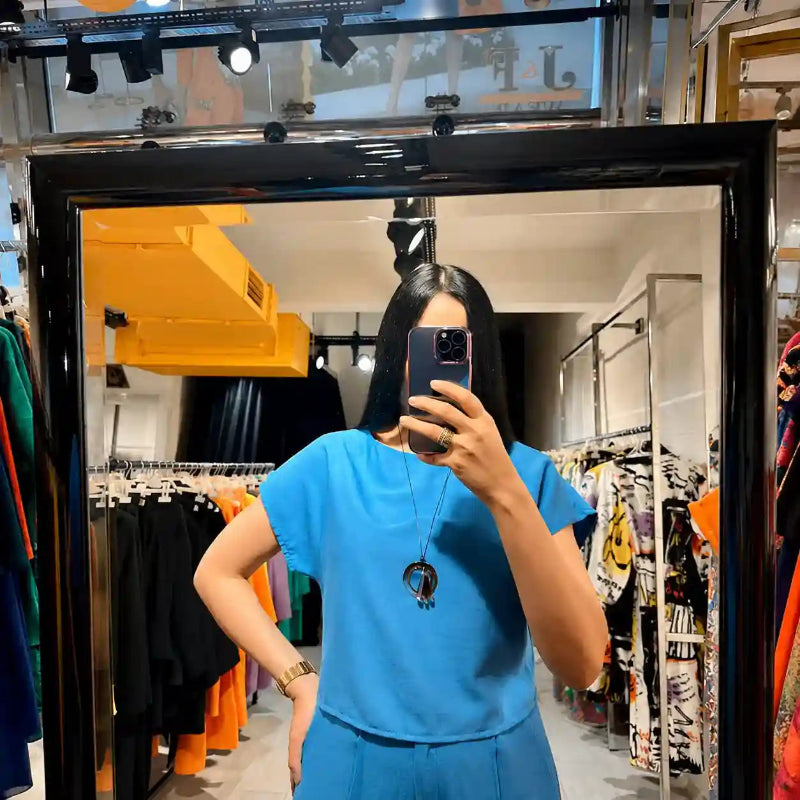 Women's Set – Short-Sleeve Crop Top and Straight-Leg Pants – Blue
