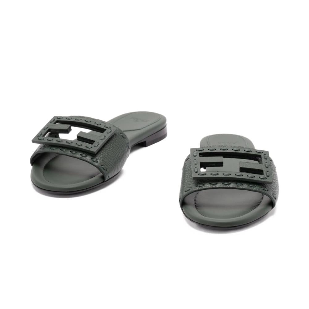 Fendi Flat sole open toe with green leather upper featuring signature FF detail - 4