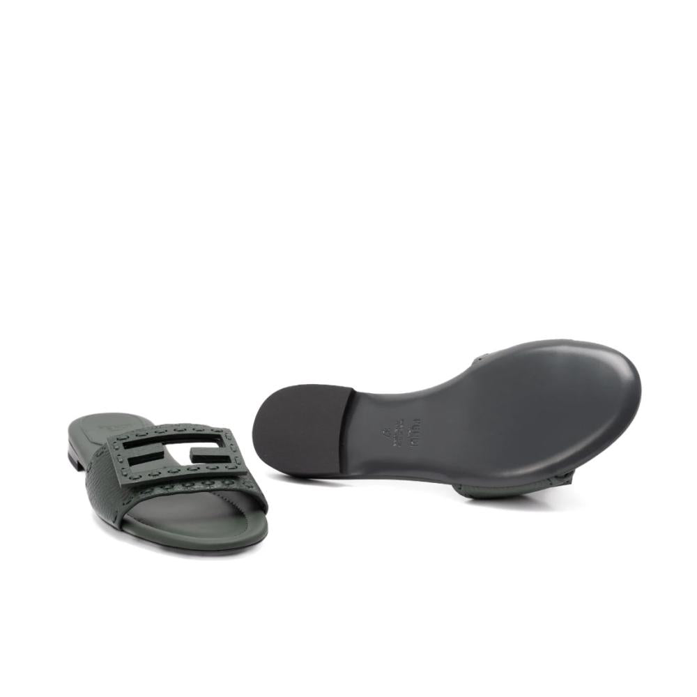 Fendi Flat sole open toe with green leather upper featuring signature FF detail - 3