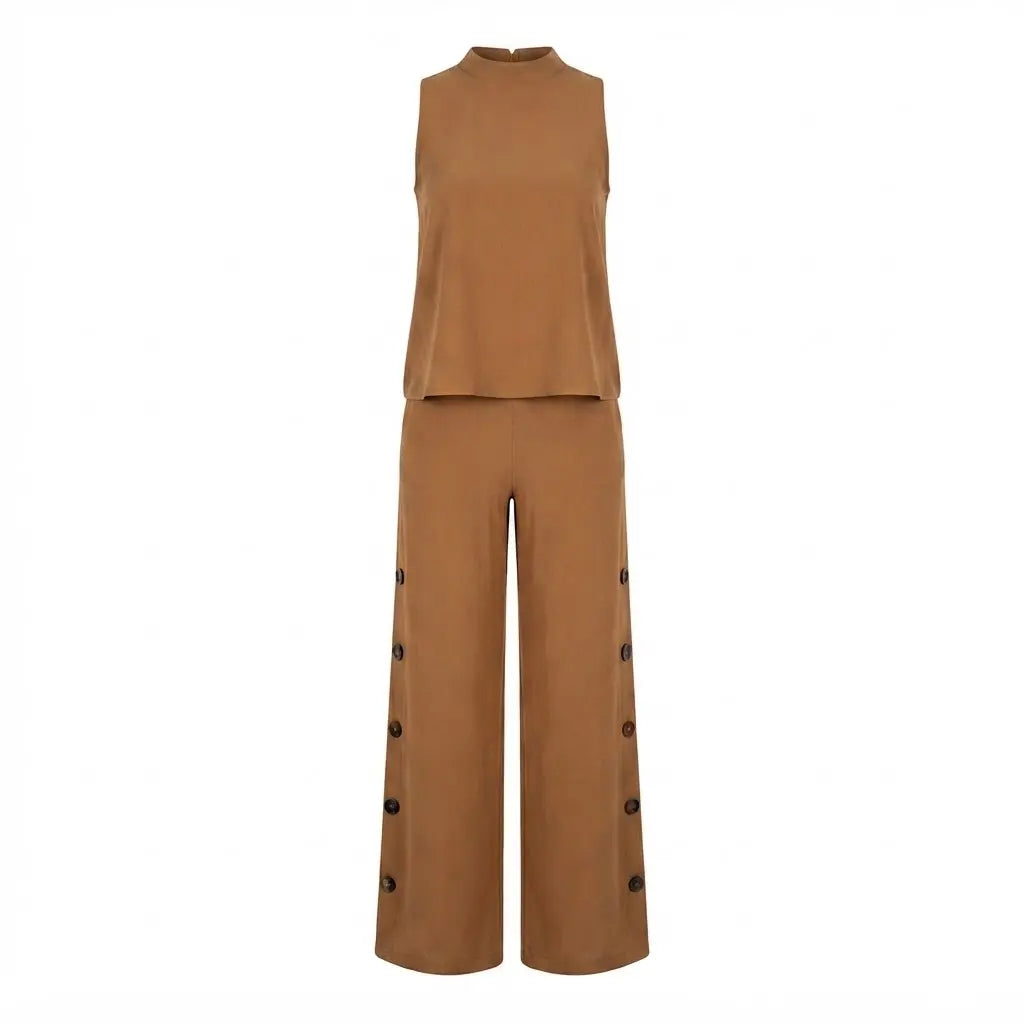 Brown Set – Sleeveless Crop Top and Wide-Leg Pants