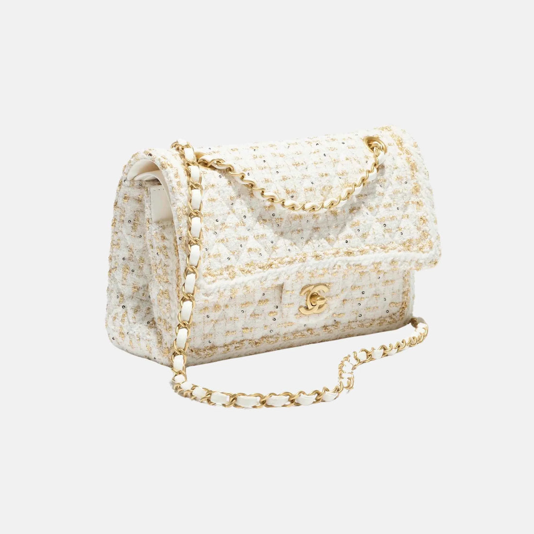 CHANEL Classic 11.12 Bag Tweed & Gold Metal in Ecru & Gold