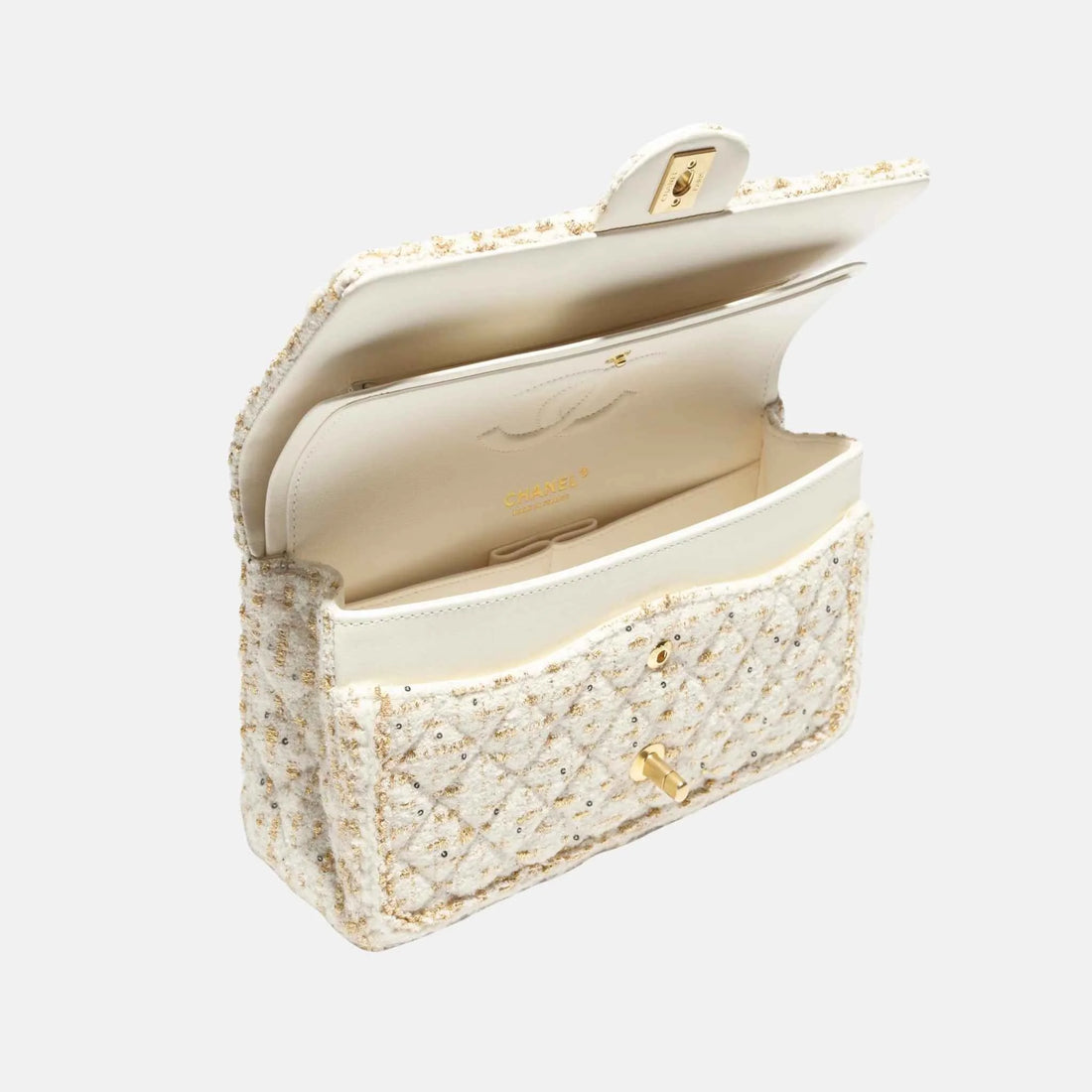 CHANEL Classic 11.12 Bag Tweed & Gold Metal in Ecru & Gold