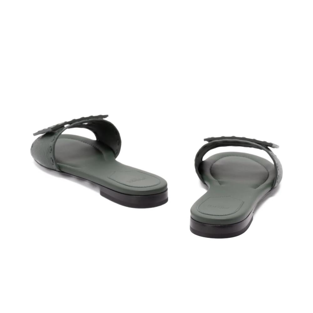 Fendi Flat sole open toe with green leather upper featuring signature FF detail - 6
